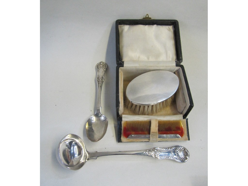 Appraisal: Lot comprising cased silver brush set sauce ladle and teaspoon