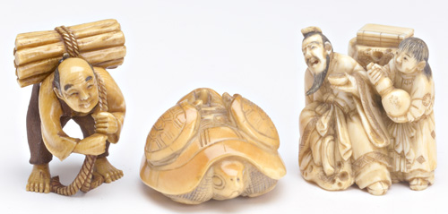 Appraisal: JAPANESE NETSUKE Three carved ivory netsuke th - th C