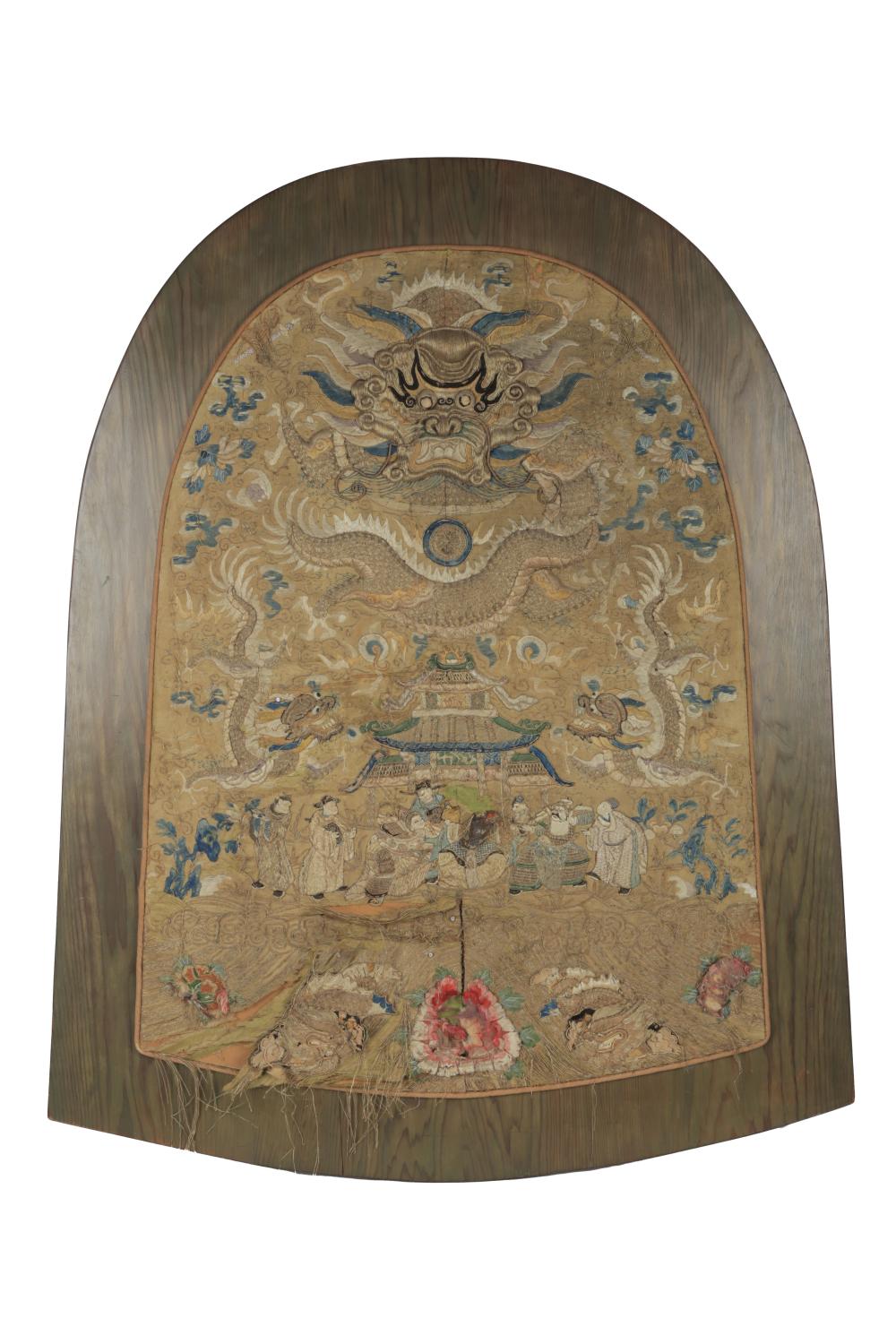 Appraisal: CHINESE EMBROIDERY PANELworked in gilt and colored silk mounted to