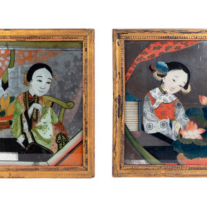 Appraisal: A Pair of Chinese Eglomise Panels Depicting Maidens TH CENTURY