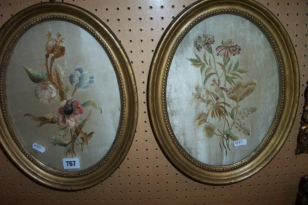 Appraisal: A pair of th century needlework pictures of oval form