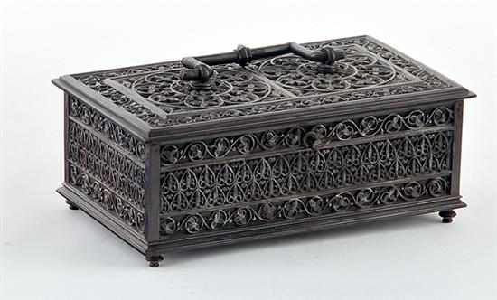 Appraisal: Continental wrought-iron and steel casket-form trinket box th century probably