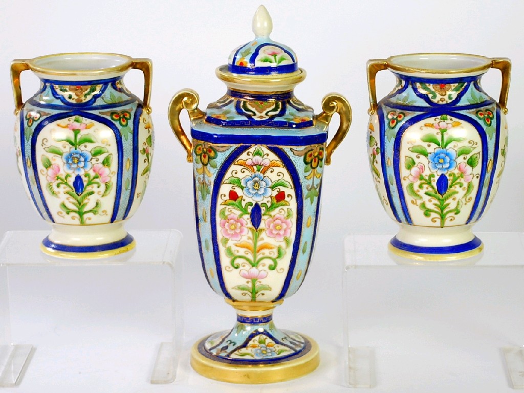 Appraisal: 's JAPANESE NORITAKE PORCELAIN GARNITURE OF THREE VASES the largest