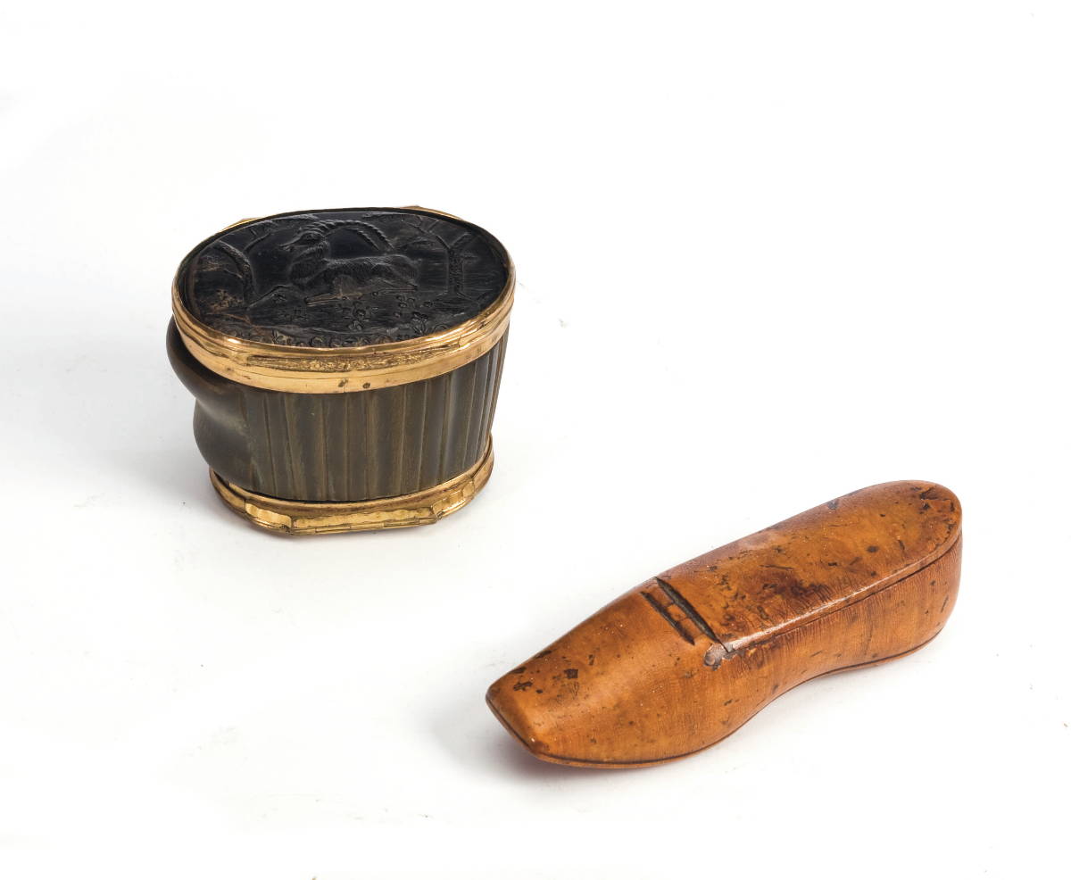 Appraisal: CONTINENTAL CARVED AND FLUTED BRASS-MOUNTED SNUFF BOX AND A GEORGE