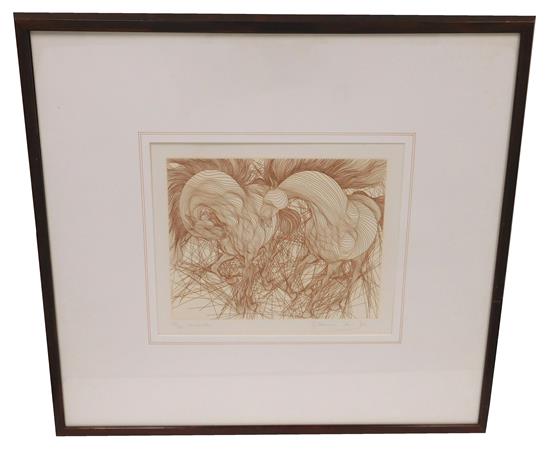 Appraisal: Guillame Azoulay Moroccan b Encounter sepia toned etching depicting two