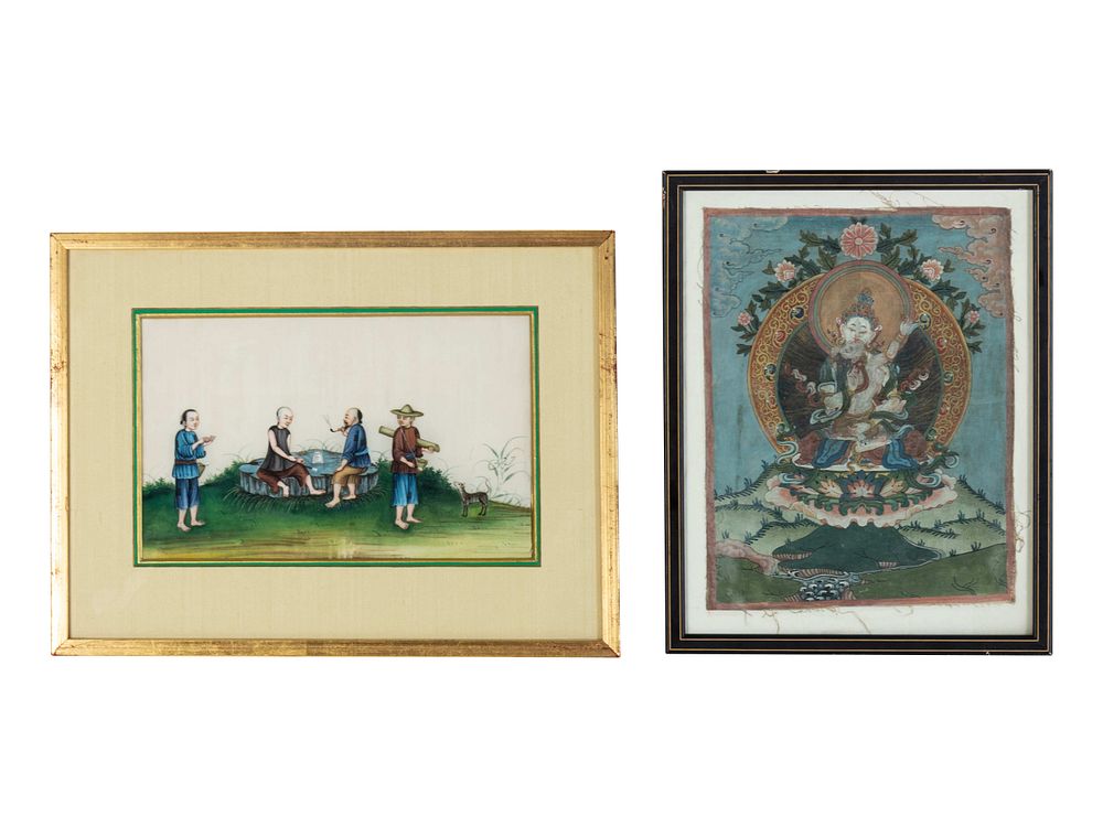 Appraisal: A Chinese Export Pith Painting and A Tibetan Thangka A