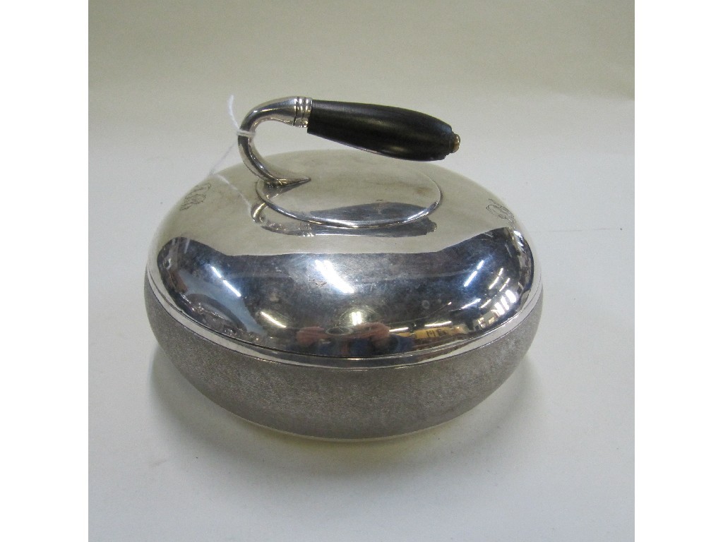 Appraisal: Silver plated desk box modelled as a curling stone