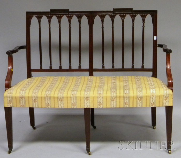 Appraisal: Regency-style Upholstered Carved Mahogany Double Chair-back Settee lg in