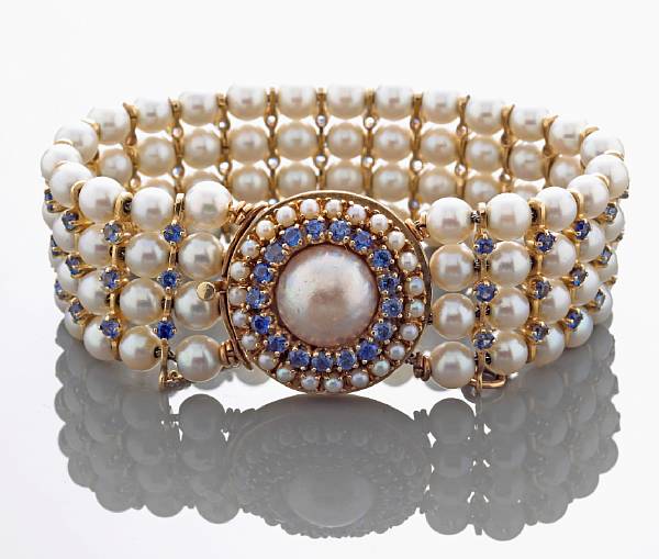 Appraisal: A cultured pearl Mab cultured pearl and sapphire four row