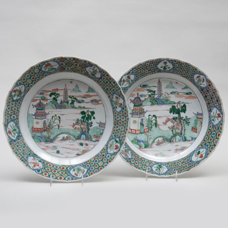 Appraisal: Pair of Famille Verte Porcelain Chargers with River Landscapes Blue