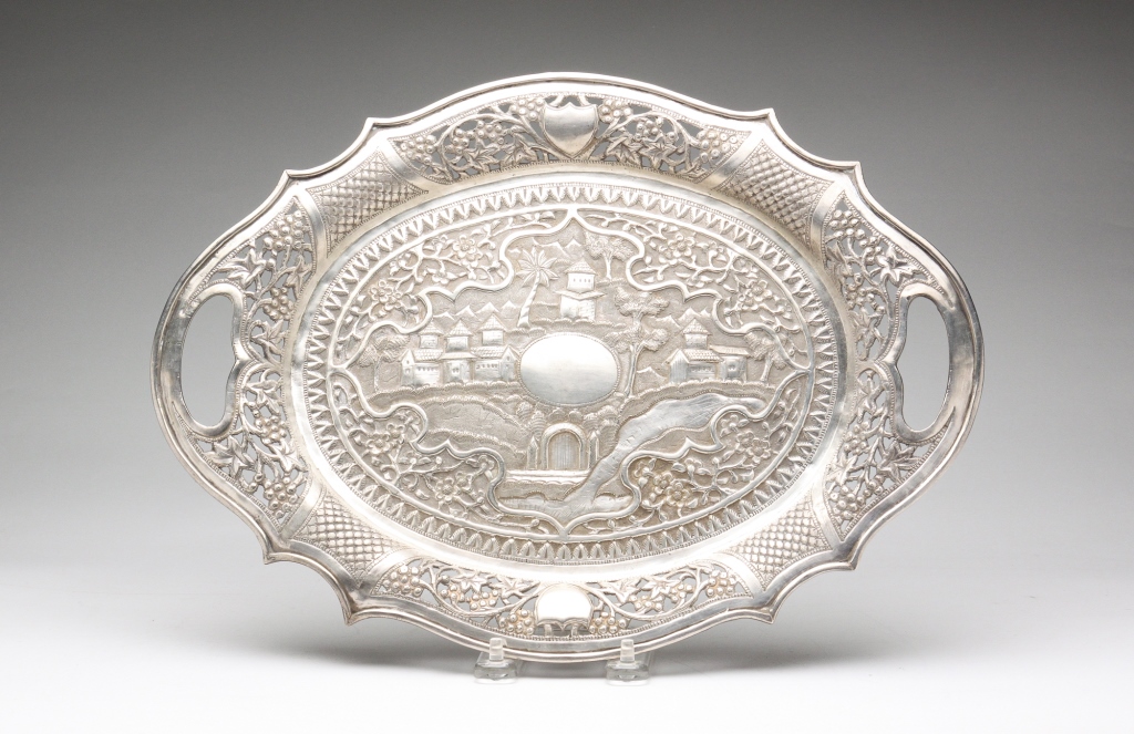 Appraisal: Twentieth century Oval handled tray with scenic decoration and pierced