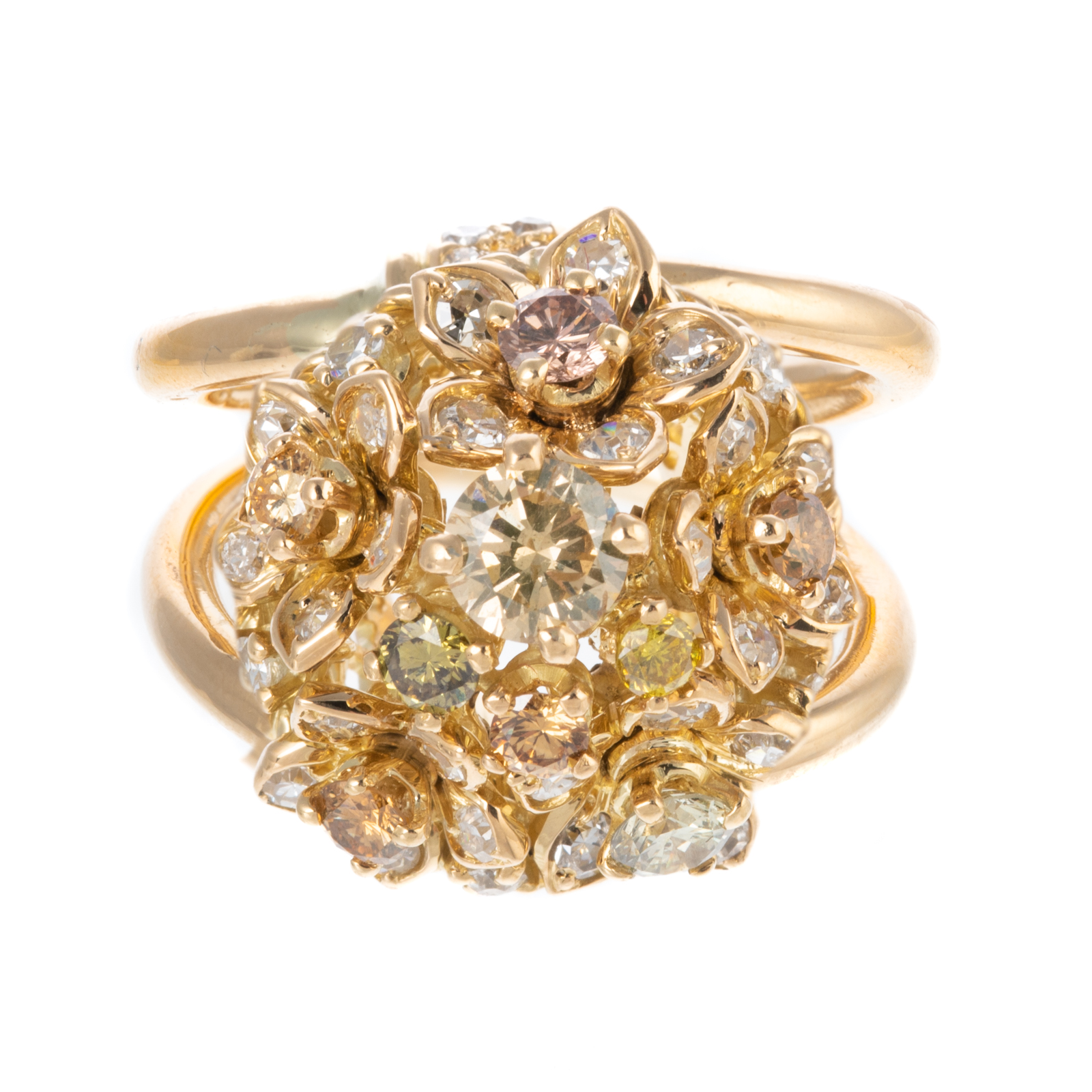 Appraisal: A MULTI-COLOR DIAMOND FLORAL BASKET RING IN K K yellow