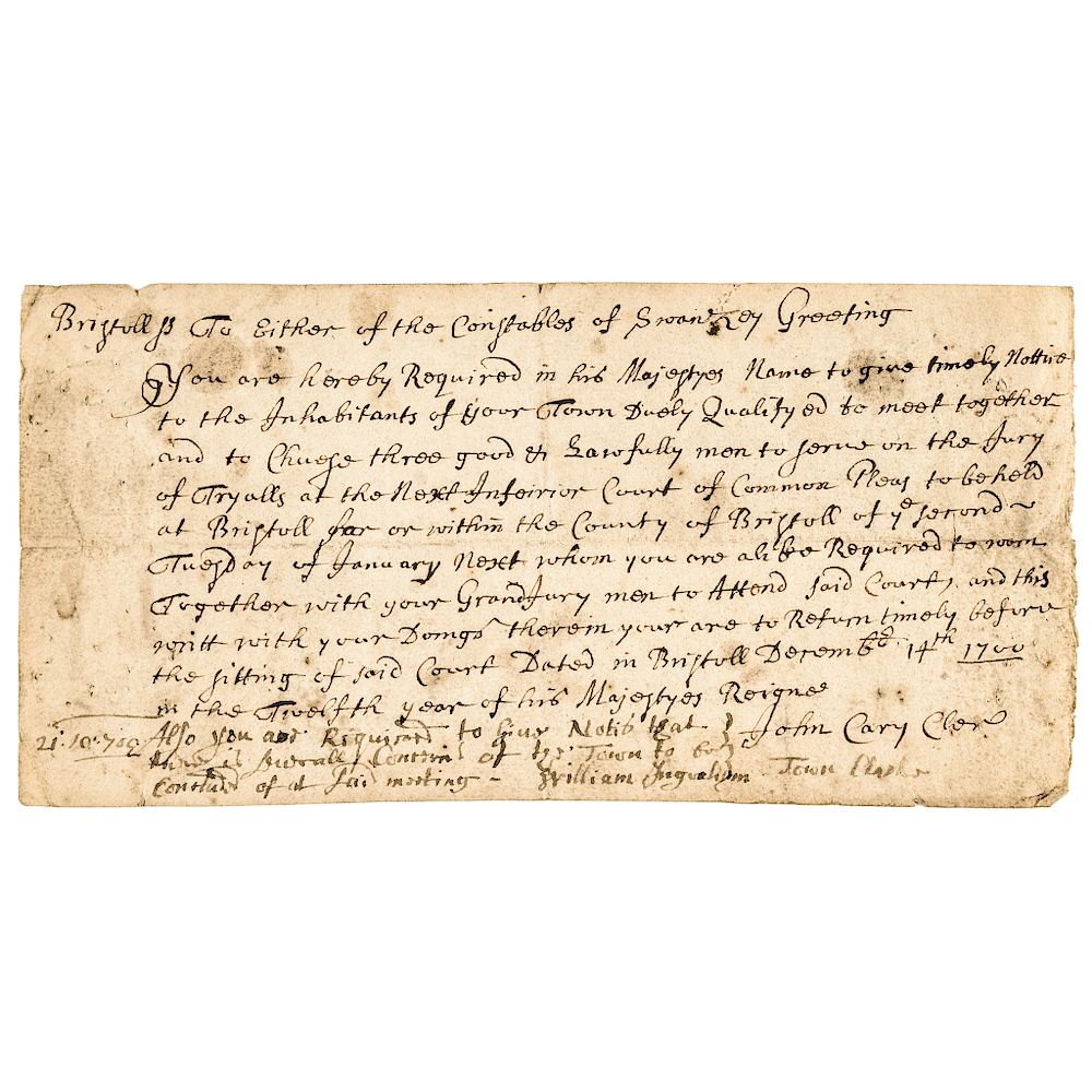 Appraisal: Colonial Manuscript Document Summons for Jury Duty members Swansea Mass