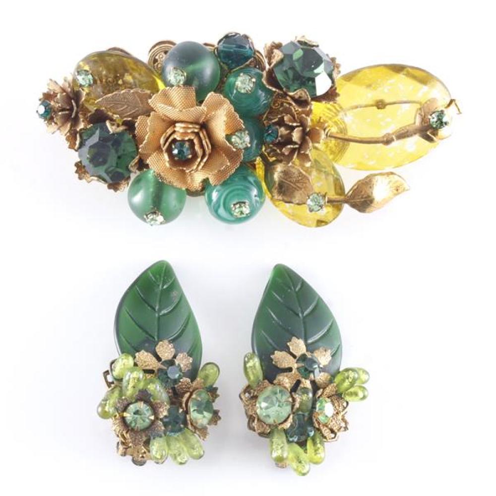 Appraisal: UNSIGNED MIRIAM HASKELL GREEN GILT METAL FLORAL CLUSTER PIN WITH