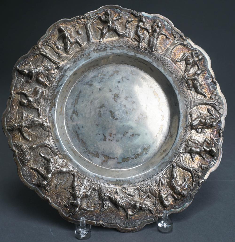 Appraisal: BURMESE TESTED HIGH-PURITY SILVER FIGURAL EMBOSSED LIP CIRCULAR DISH D