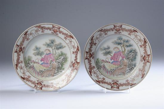 Appraisal: PAIR CHINESE FAMILLE ROSE PORCELAIN EUROPEAN SUBJECT PLATES th century