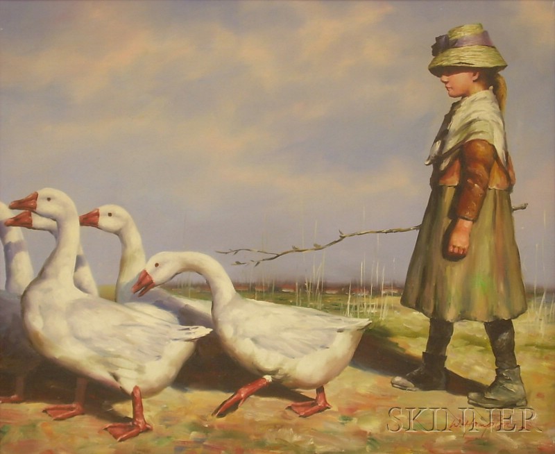 Appraisal: Framed Oil on Canvas Scene with Girl and Geese inscribed