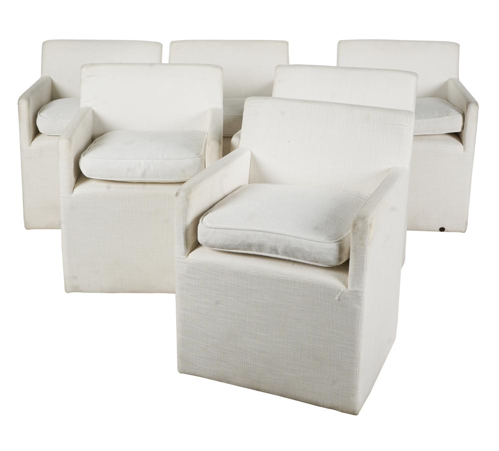 Appraisal: NORMAN LEAR SIX RESTORATION HARDWARE DINING CHAIRSeach covered with off-white