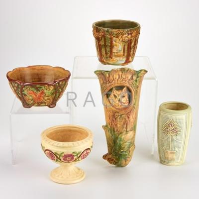 Appraisal: WELLER Five pieces Woodcraft wall pocket and bowl Forest flower