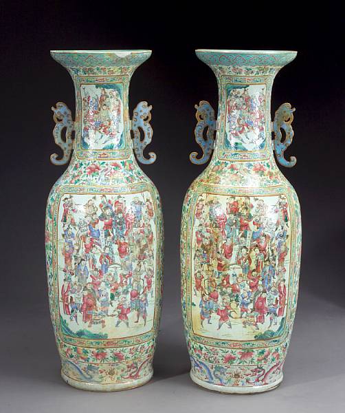 Appraisal: A pair of massive famille rose porcelain baluster vases Late