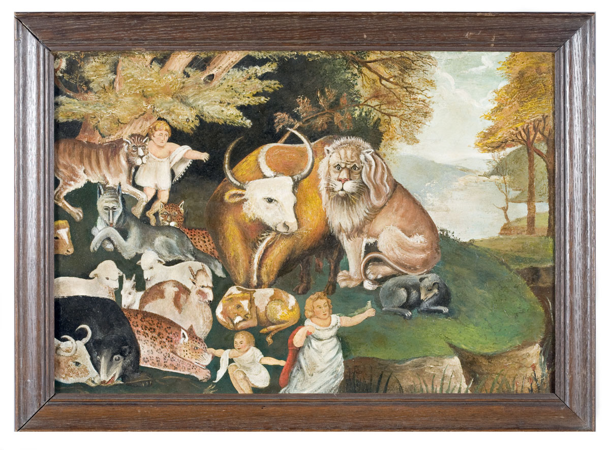 Appraisal: THE PEACEABLE KINGDOM PROBABLY ENGLISH The landscape depicting three young