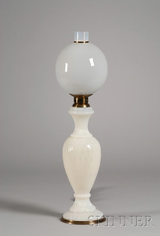 Appraisal: Brass-mounted Opalescent Clambroth Quilted Pattern Molded Glass Table Lamp with