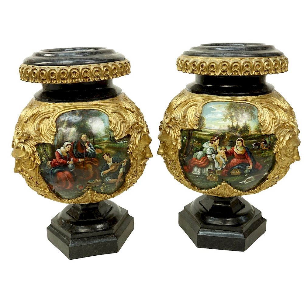 Appraisal: Pair Monumental Hand Painted Decorative Urns Pair Monumental Round Hand