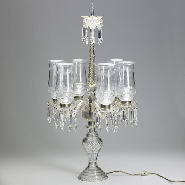 Appraisal: CUT CRYSTAL CANDELABRUM Five-arm lamp with cut hurricane shades crystal