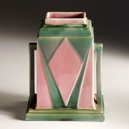 Appraisal: ROSEVILLE Futura pink and green rectangular vase - Paper label