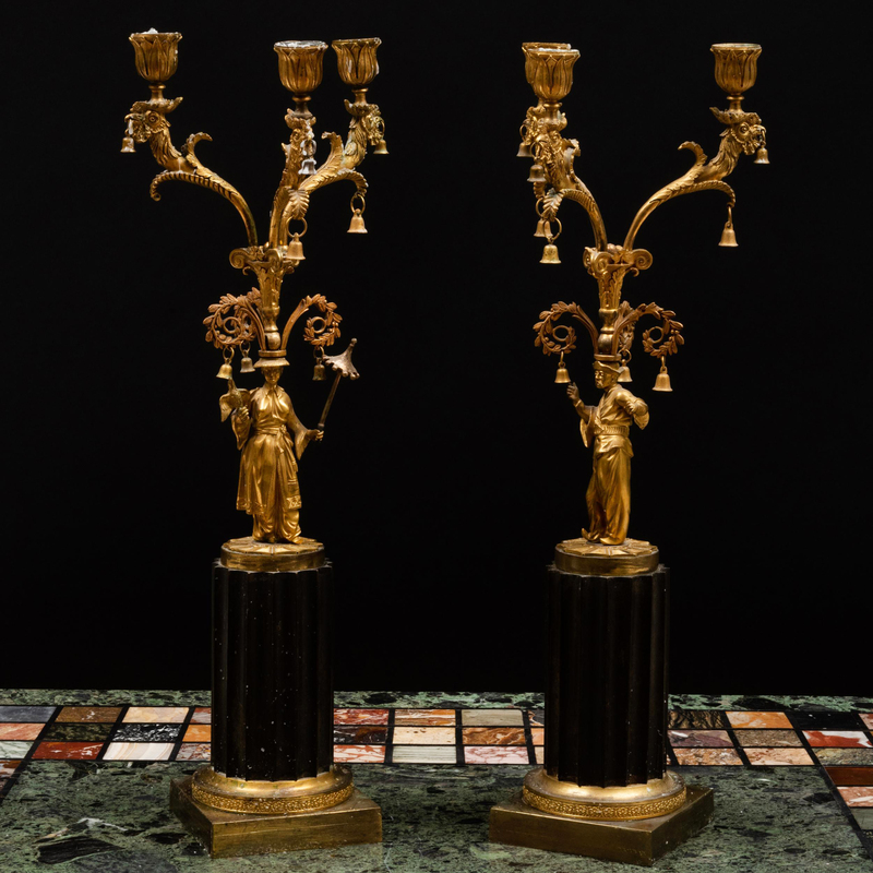 Appraisal: Pair of Victorian Gilt-Bronze and Bronze Chinoiserie Three-Light Candelabra With