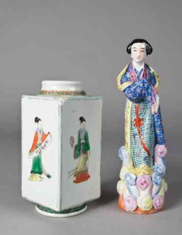 Appraisal: Chinese Porcelain Vase and FigurineFirst a Chinese Wucai cong shaped