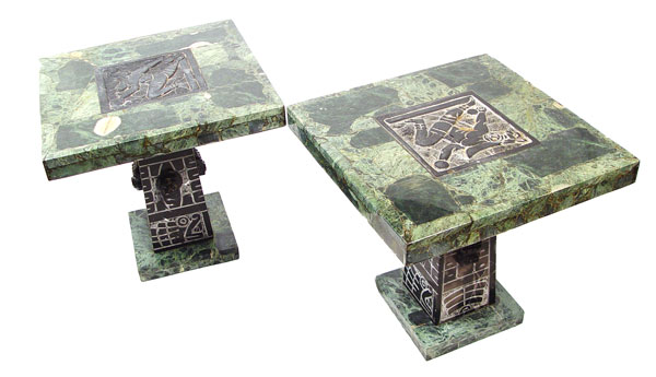 Appraisal: PAIR MEXICAN ART DECO MARBLE OR MALACHITE CARVED STONE TABLES