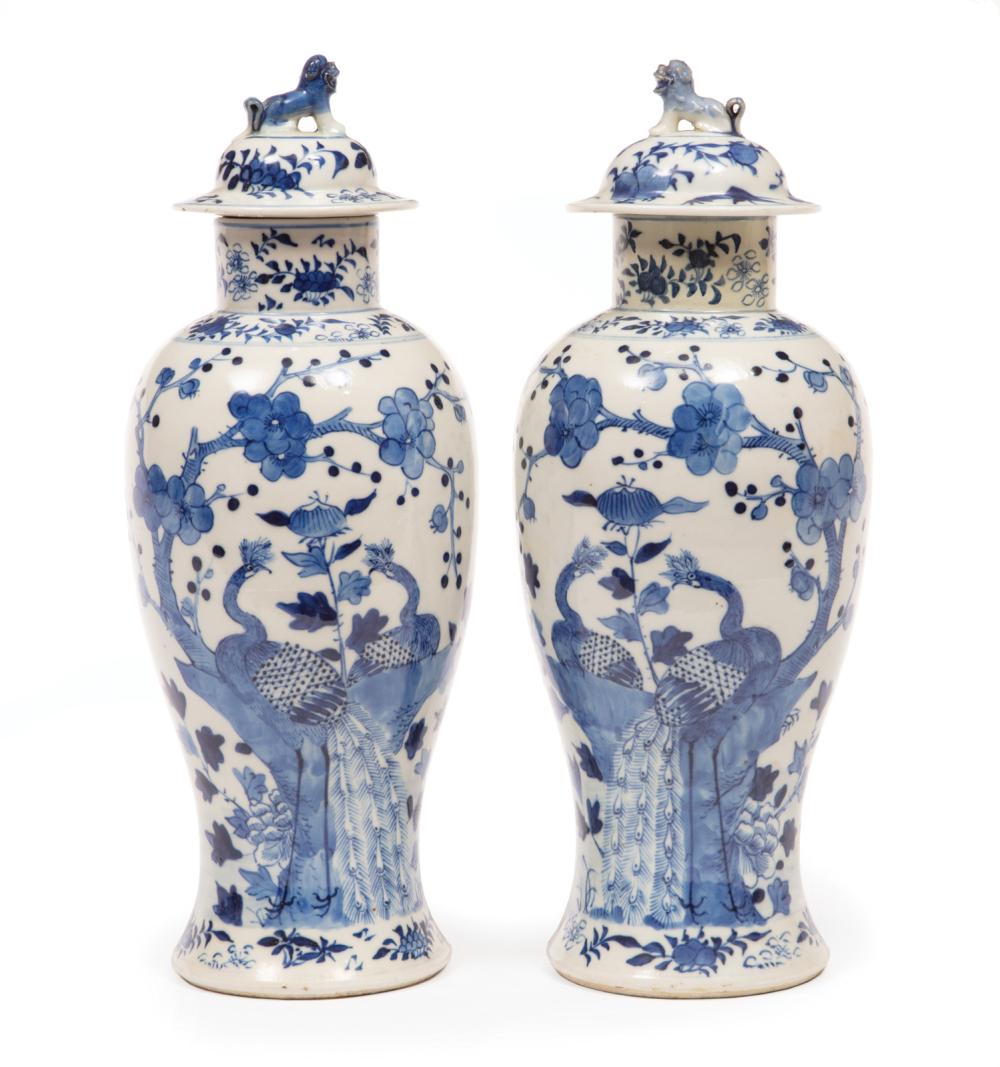 Appraisal: Pair of Chinese Blue and White Porcelain Covered Vases decorated