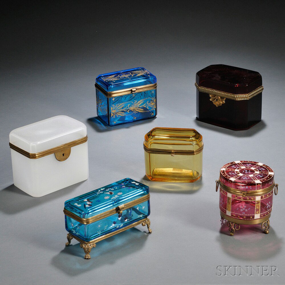 Appraisal: Six Glass Dresser Boxes four rectangular with gilt-metal rims a