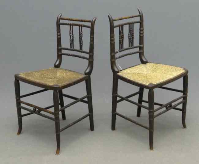 Appraisal: Pair th c rush seat Sheraton chairs '' Seat Ht