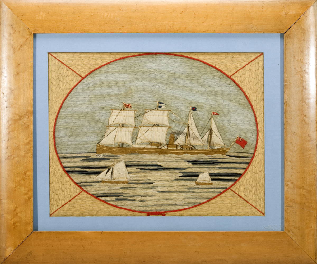 Appraisal: BRITISH OVAL WOOLWORK PORTRAIT OF A SAIL AND STEAM VESSEL