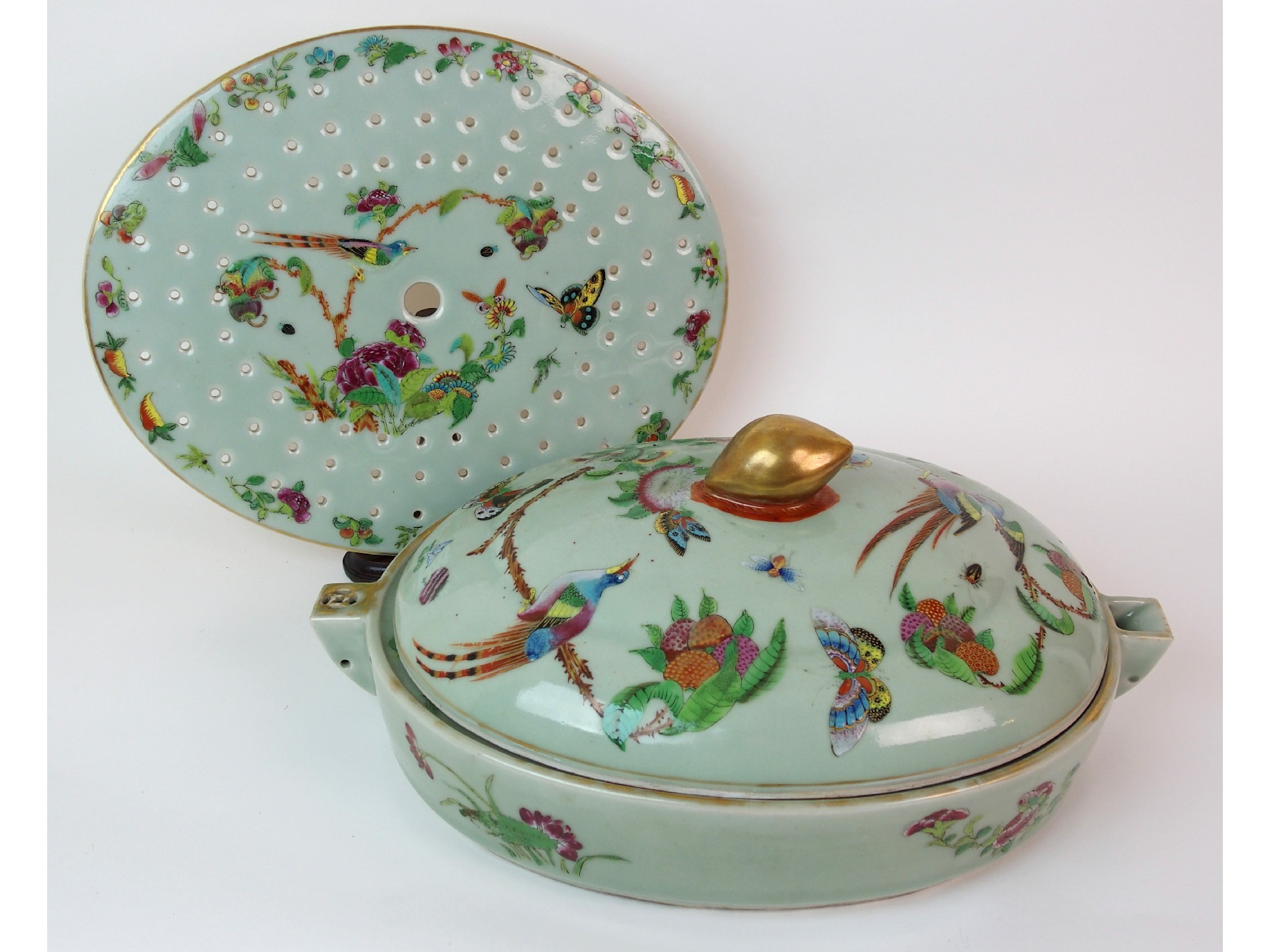 Appraisal: A Cantonese celadon ground famille rose tureen and coverand a