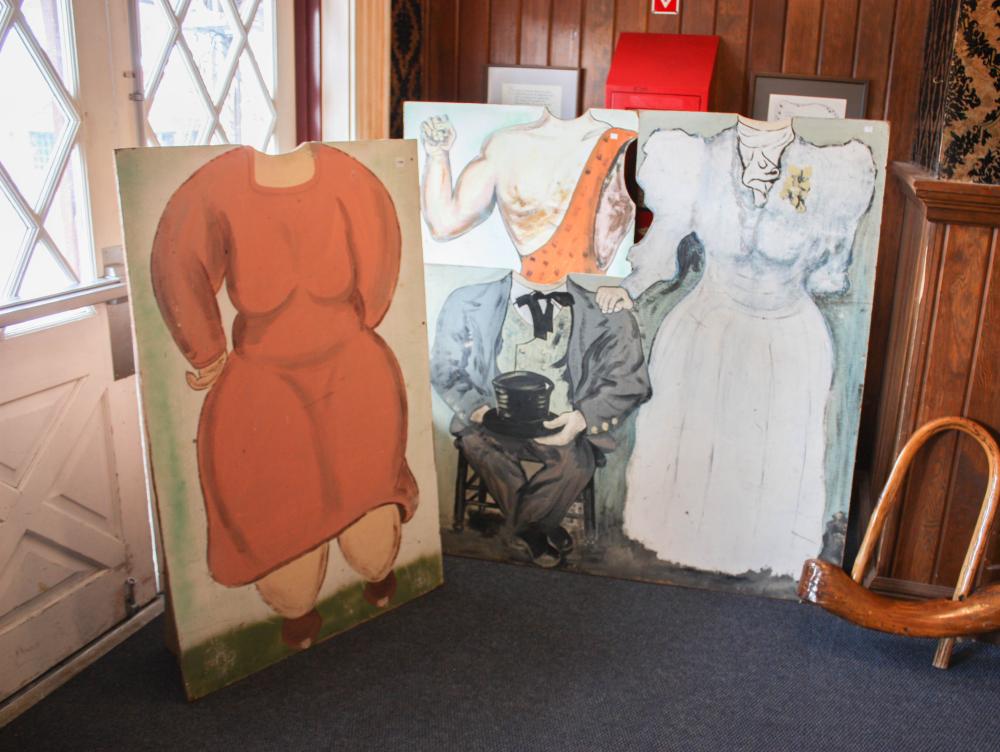 Appraisal: THREE PHOTO STAND-IN BOARDS hand painted plywood x lady in