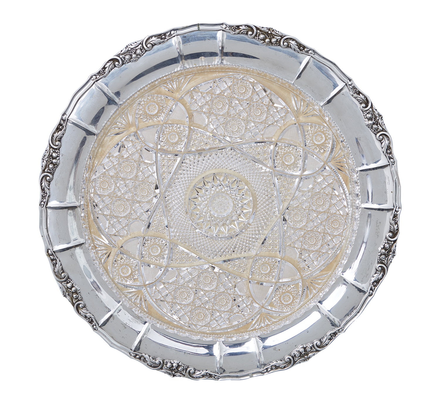 Appraisal: A CONTINENTAL SILVER TRAY WITH FITTED CUT CRYSTAL DISH With