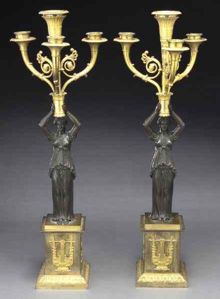 Appraisal: Pr Empire style parcel gilt bronze candelabra each formed by