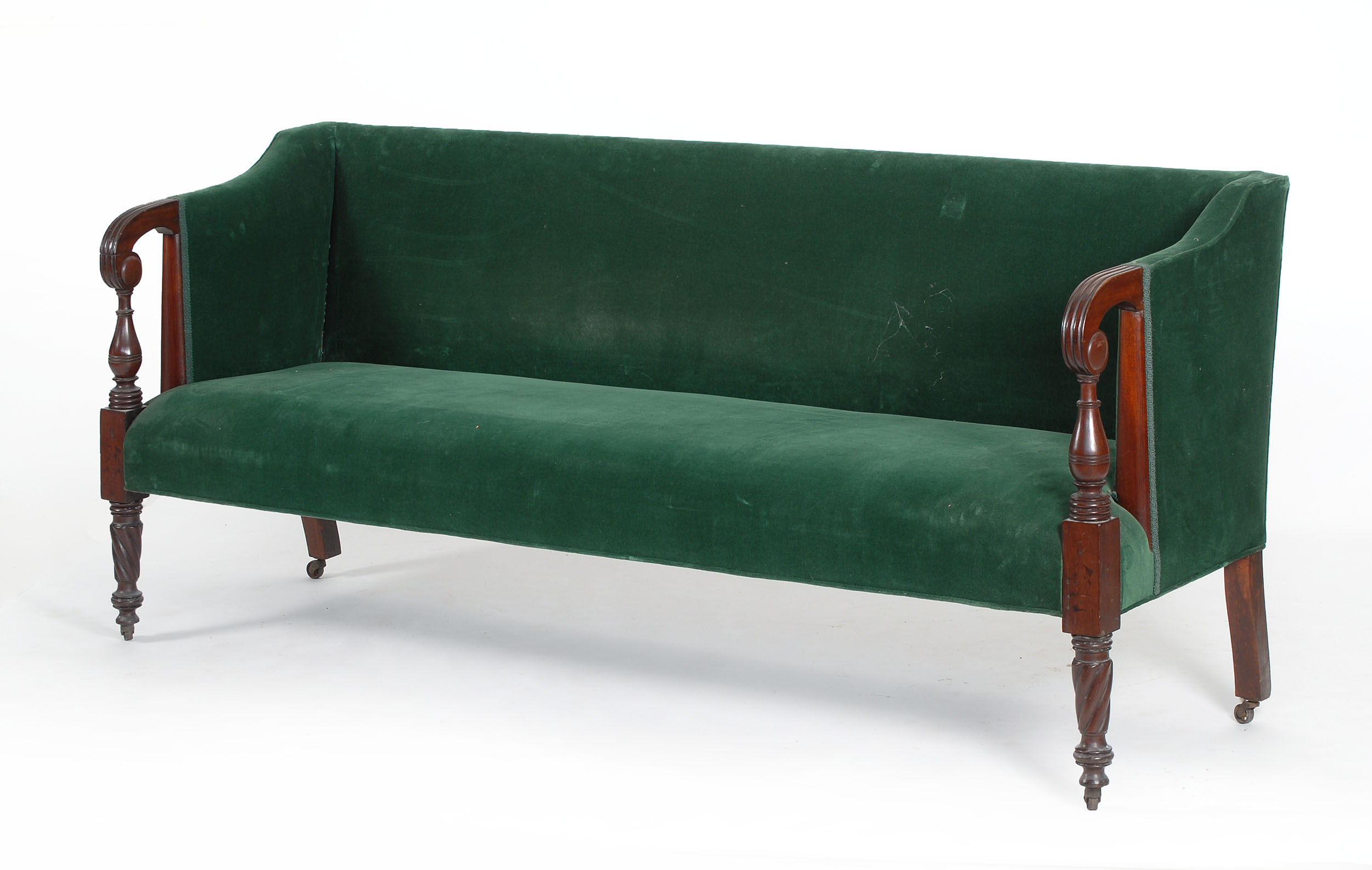 Appraisal: CIRCA AMERICAN SHERATON SOFA in mahogany with emerald green velvet