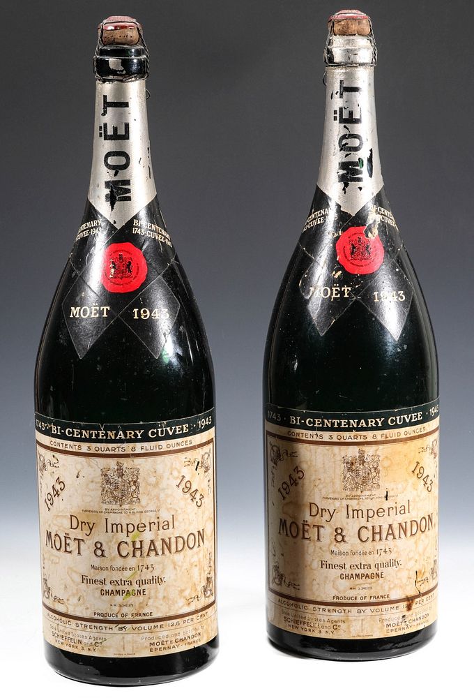 Appraisal: A PAIR OF MOET FRENCH CHAMPAGNE JEROBOAM BOTTLES Two vintage