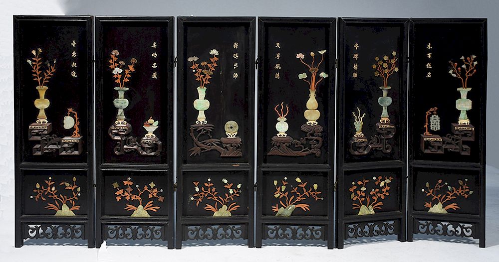 Appraisal: Chinese six panel jade screen with multi colored jades Chinese