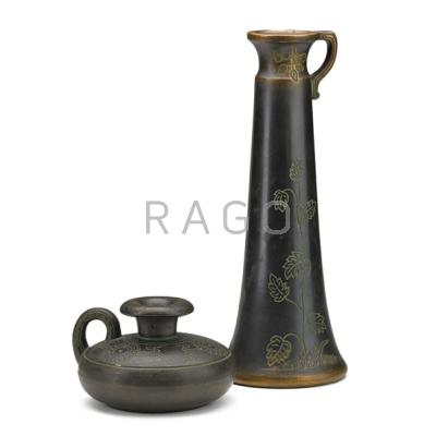 Appraisal: NORSE Vase and chamberstick bronzed glaze incised with leaf and