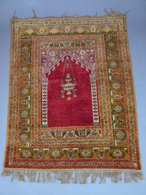 Appraisal: A Pandorma part silk prayer rug with hanging lantern kin