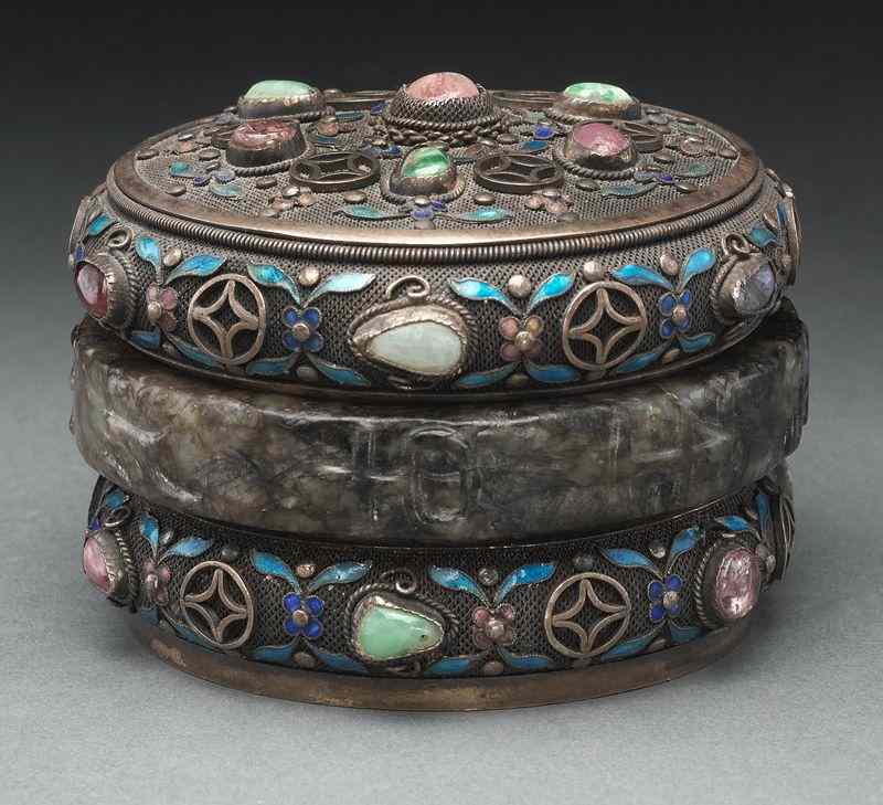 Appraisal: Chinese enamel over silver and jade tea caddy with jade