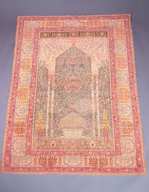 Appraisal: A Pandorma prayer rug with temple mihrab trees foliage and