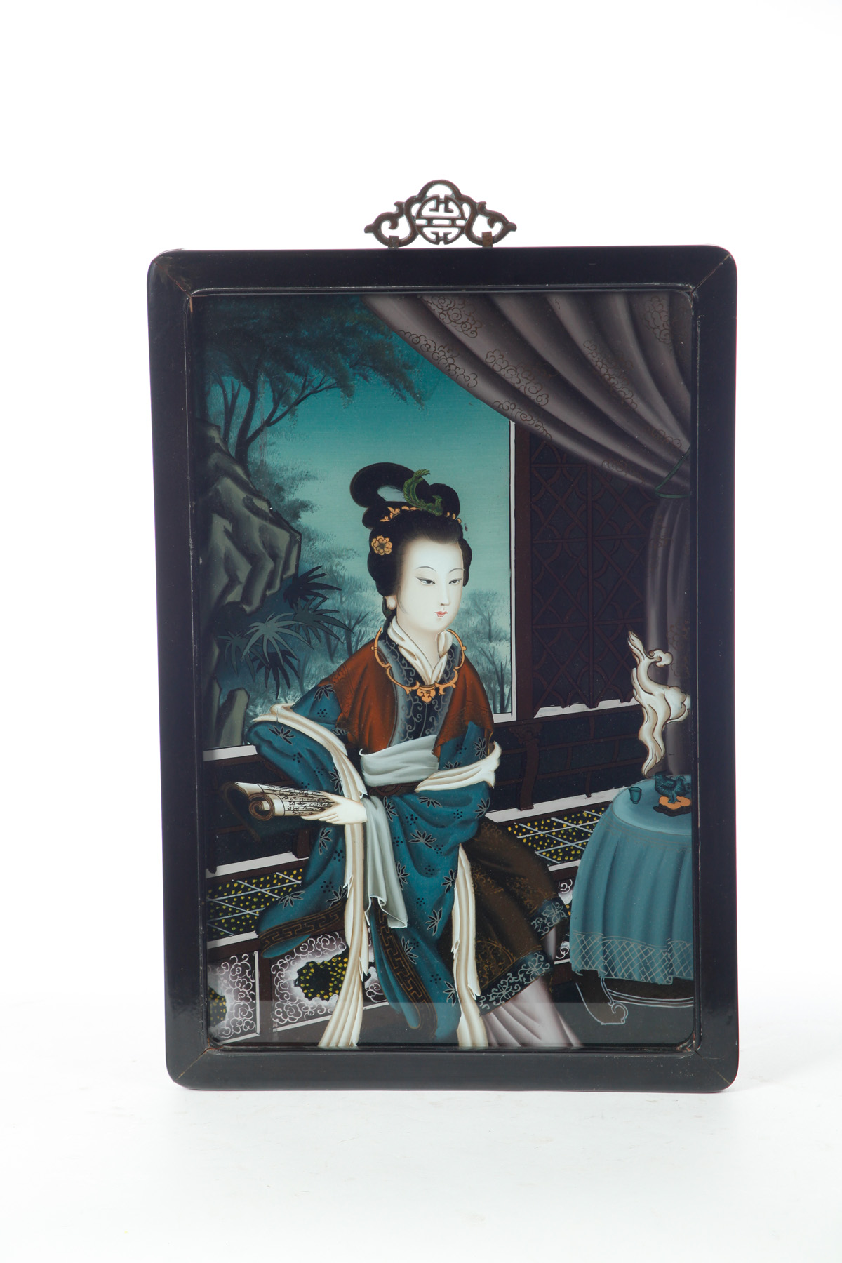 Appraisal: CHINESE REVERSE GLASS PAINTING Mid th century Woman with scroll