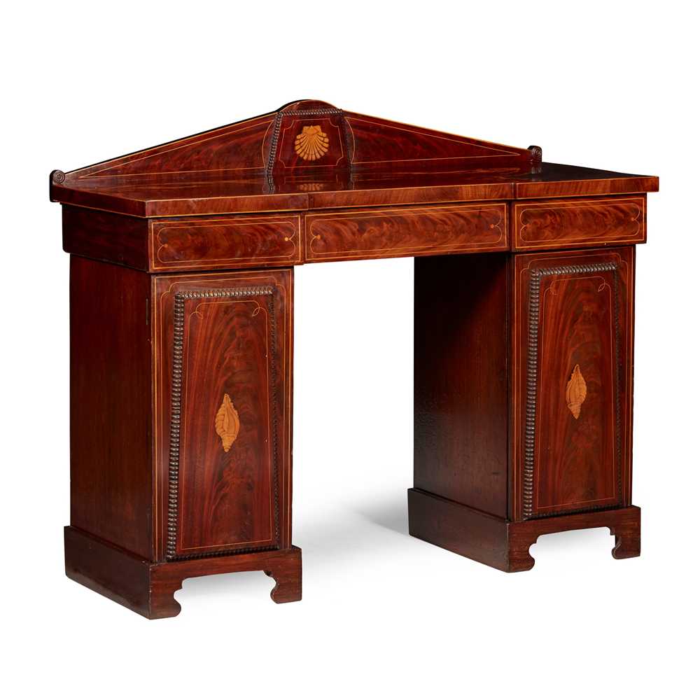 Appraisal: REGENCY MAHOGANY INLAID PEDESTAL SIDEBOARD TH CENTURY of inverted breakfront