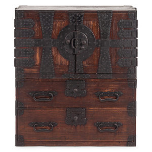 Appraisal: A Korean Iron-Mounted Wood Cabinet th Century composed of two